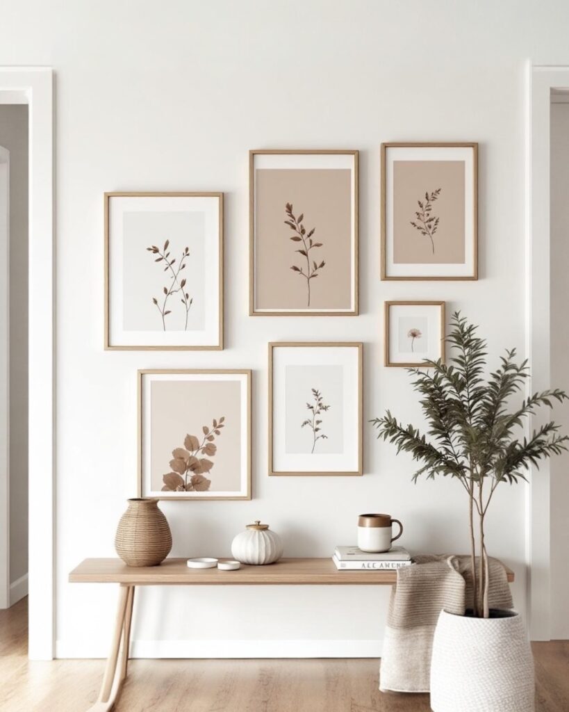 Wall decorated with stylish art frames arranged above a console table, showcasing a modern and decorative gallery display