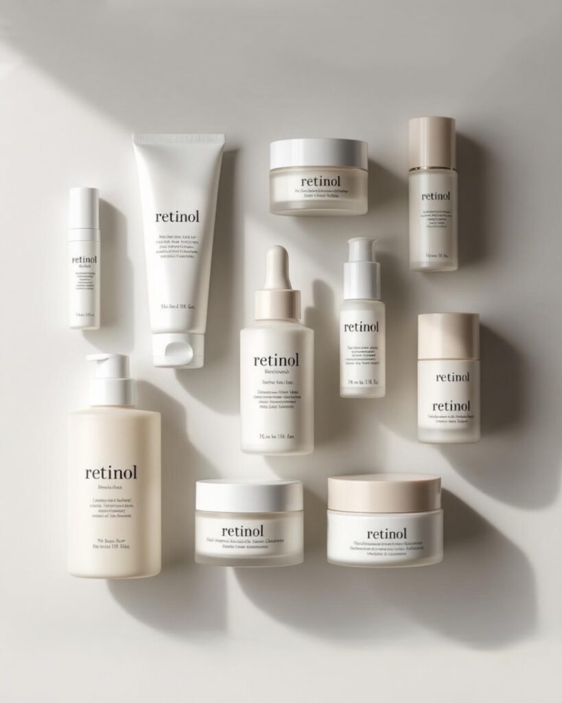 Flat lay of the best retinol products for sensitive skin, including serums, creams, and oils, arranged on a light surface for skincare enthusiasts.