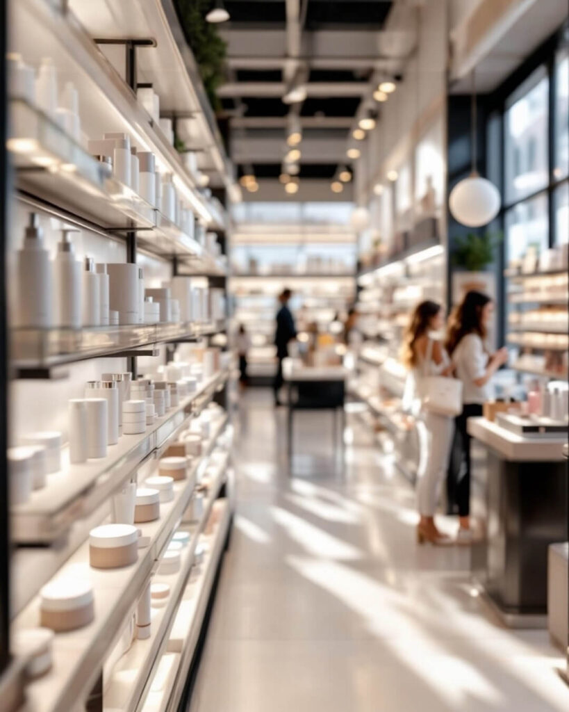 Skincare store shelf filled with tinted moisturizers in multiple shades, showcasing beauty and complexion products.