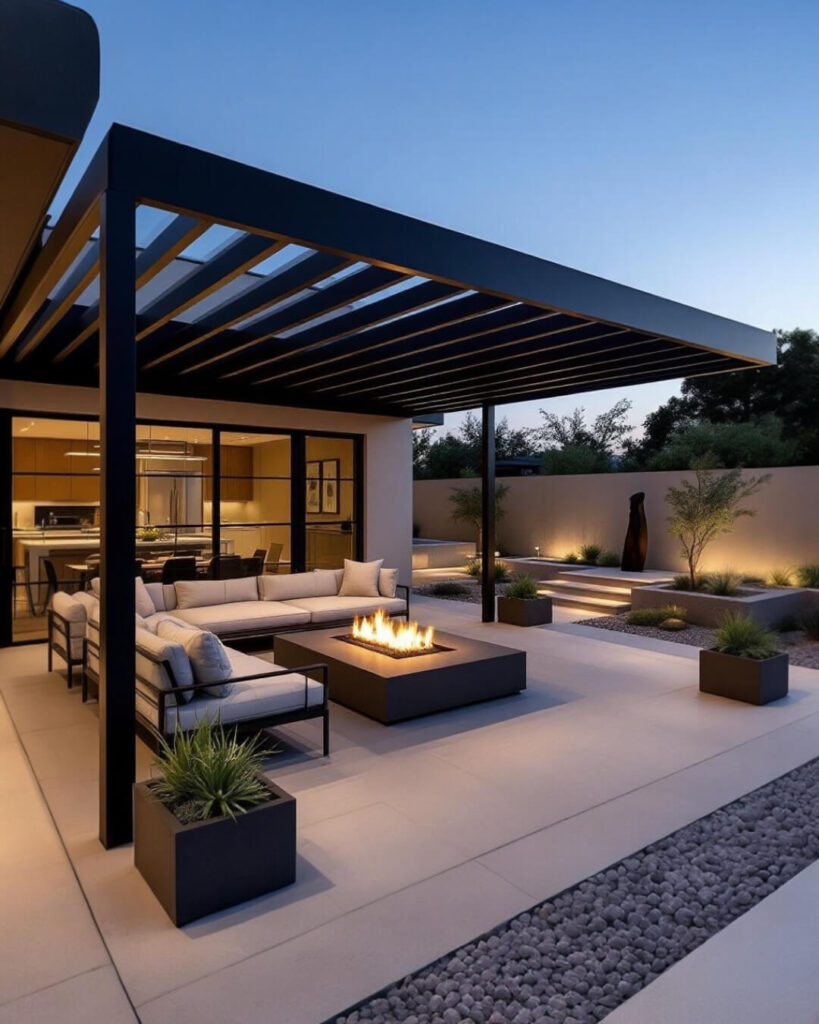 Elegant outdoor patio with stylish furniture, ambient lighting, and lush greenery, perfect for a relaxing and inviting Outdoor Living Space