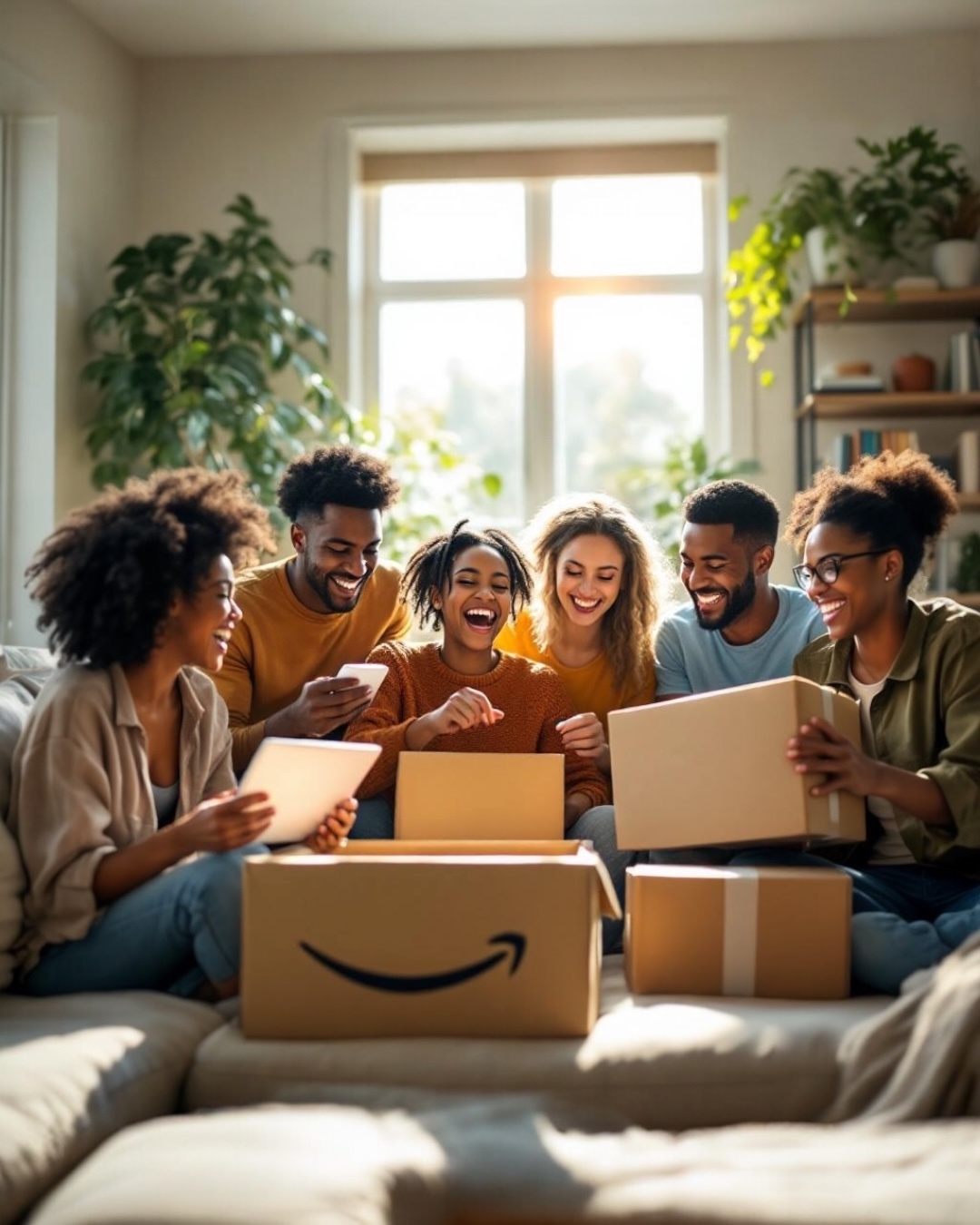 Group of excited shoppers opening Amazon boxes during Prime Day sale.