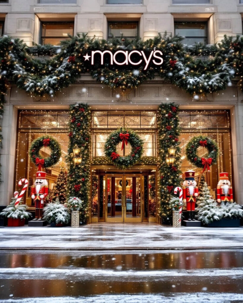 Macy's store entrance decorated for holiday shopping and seasonal trends.