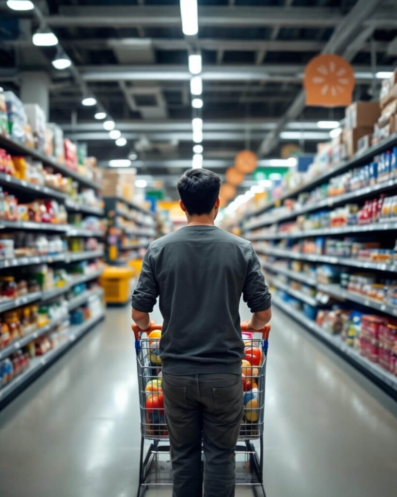 Man in a Walmart aisle comparing prices on everyday essentials, choosing budget-friendly items.