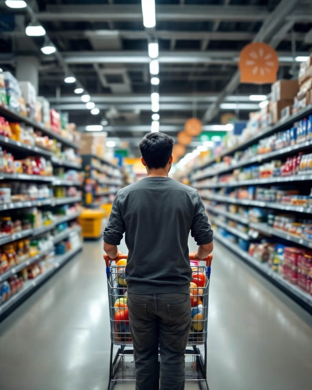 Man in a Walmart aisle comparing prices on everyday essentials, choosing budget-friendly items.