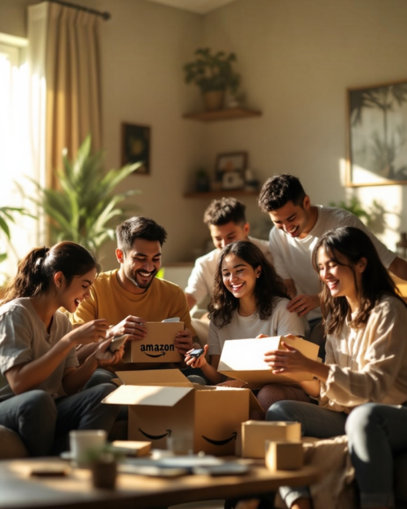 A group of Amazon Prime members happily opening their Amazon packages.