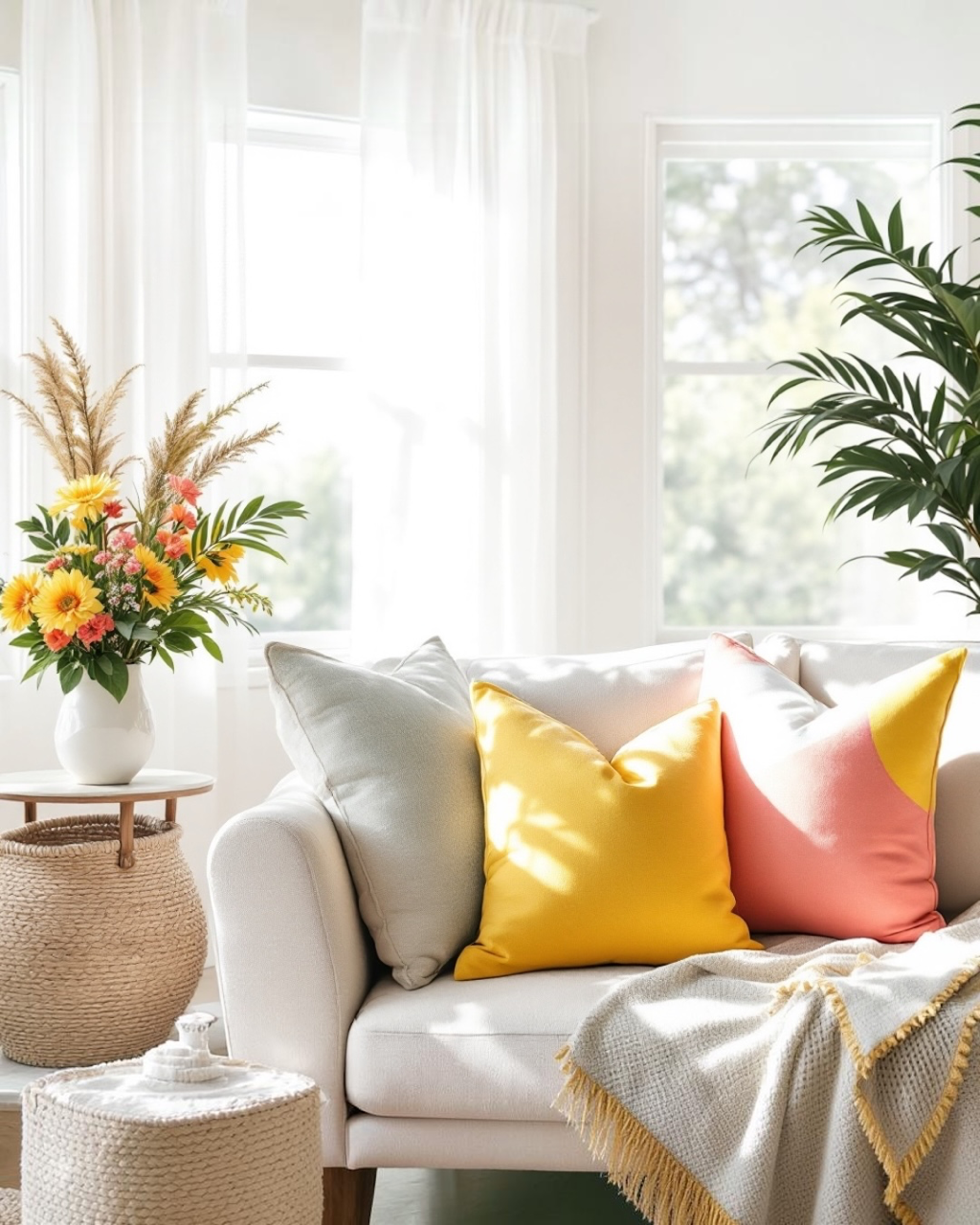 Budget-friendly summer living room makeover with colorful throw pillows and natural light.