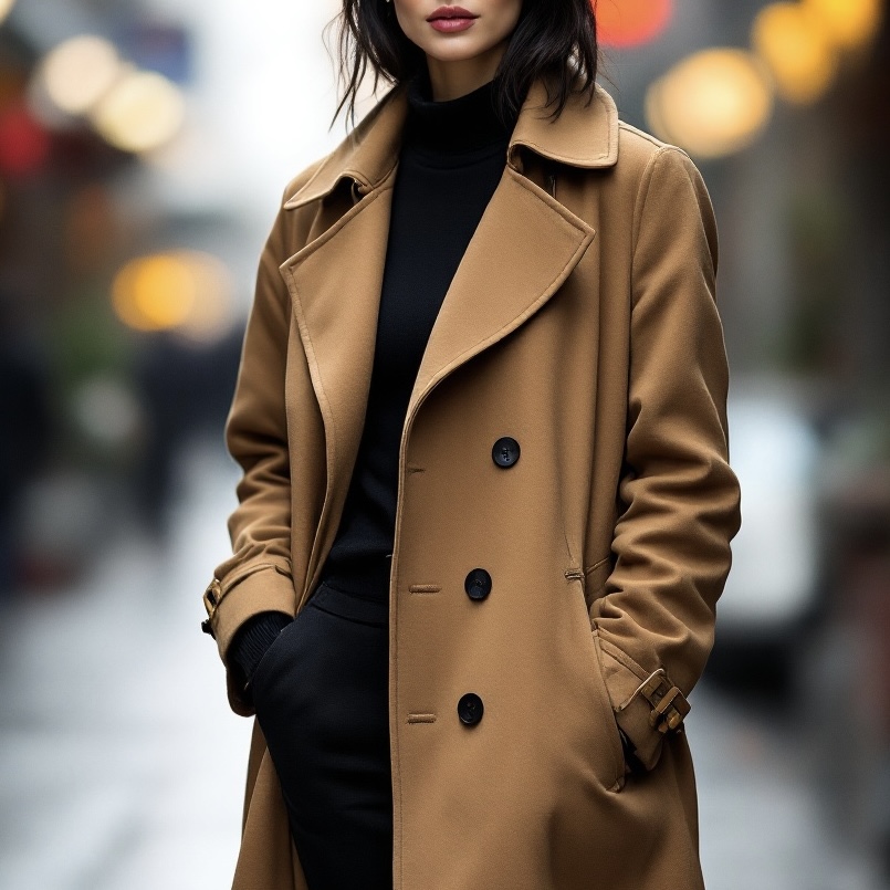 Camel coat paired with black clothing for timeless style