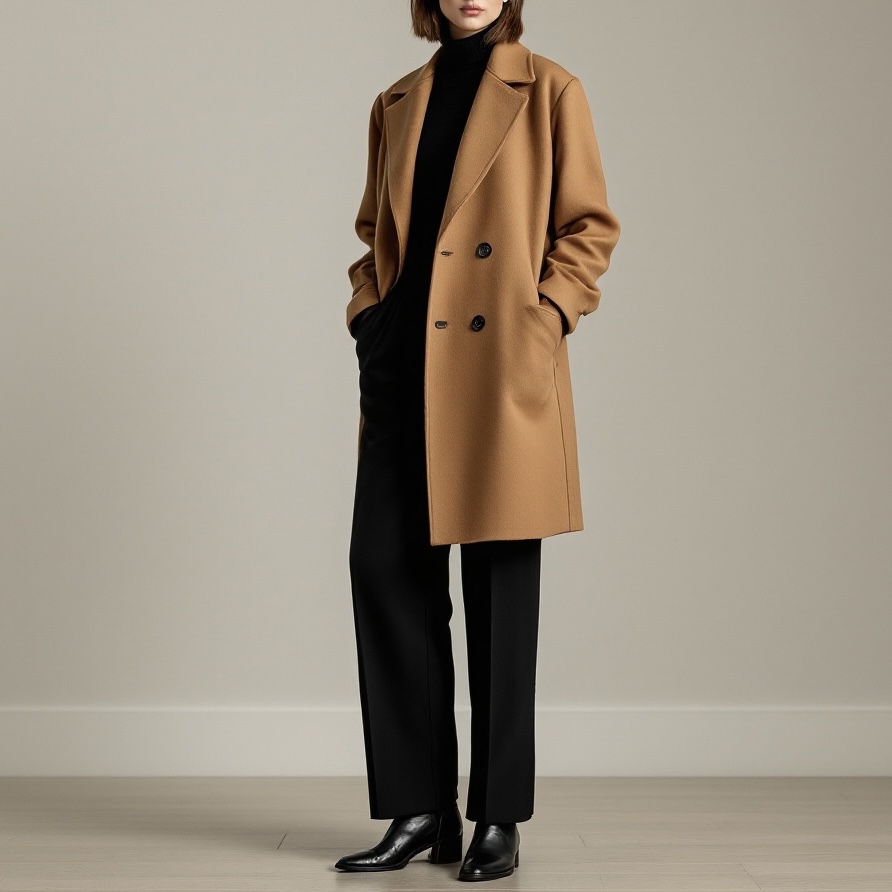 Camel coat paired with black clothing for timeless style