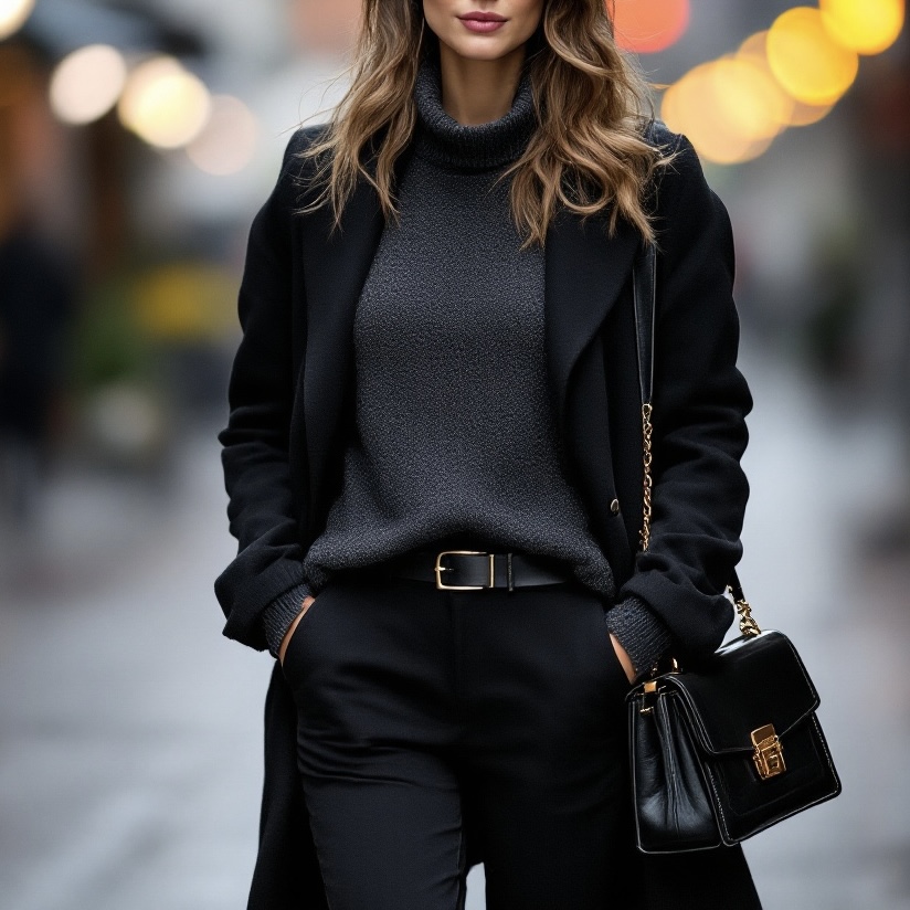 A woman standing wearing black monochromatic outfit