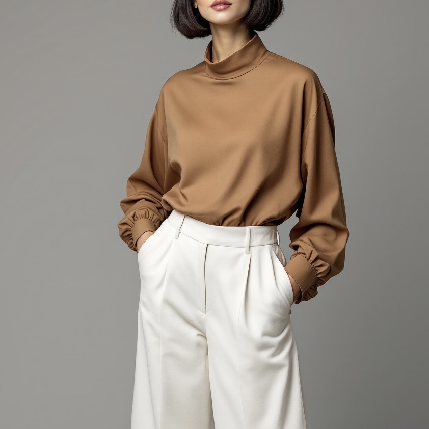 A woman standing wearing a white pants and camel top