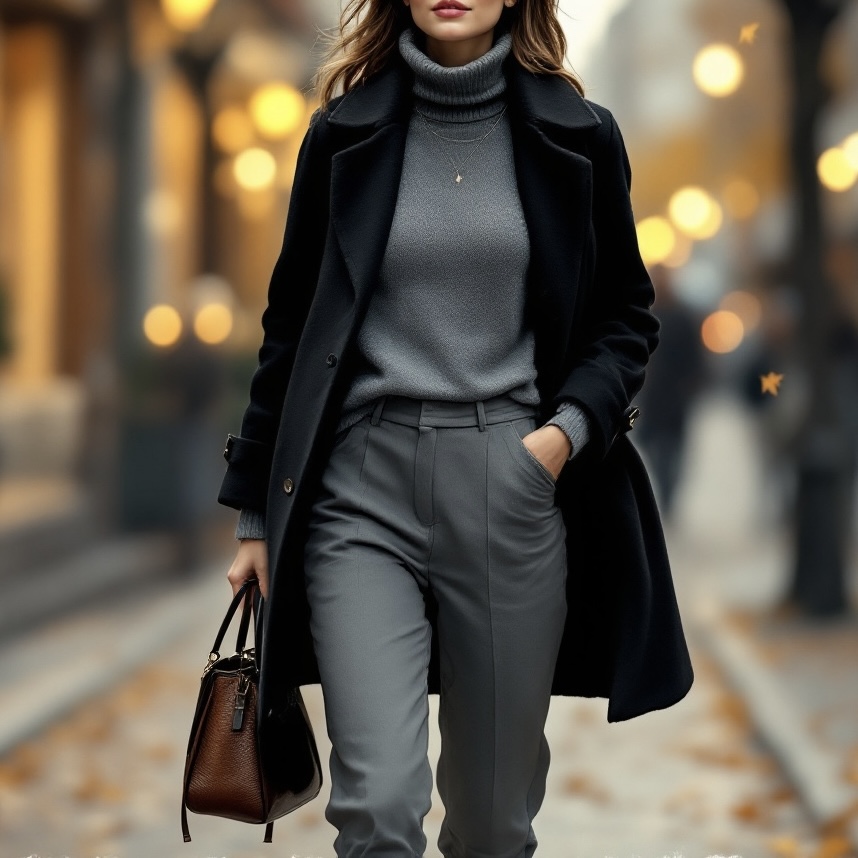 A woman walking in the street wearing gray pants and black coat