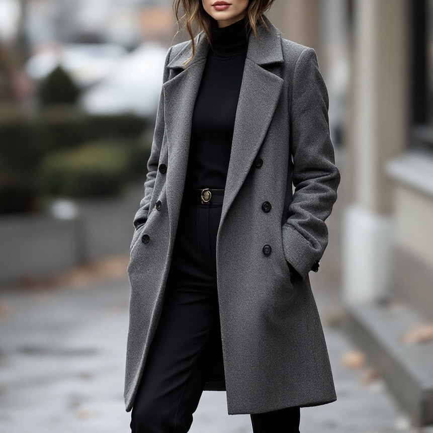 A woman standing along the road wearing black pants and gray coat.