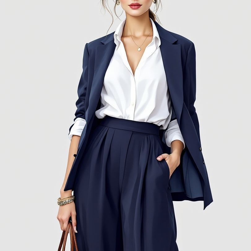 navy and white outfit in a corporate setting