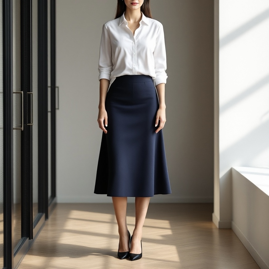 a woman standing in a navy skirt and white top.