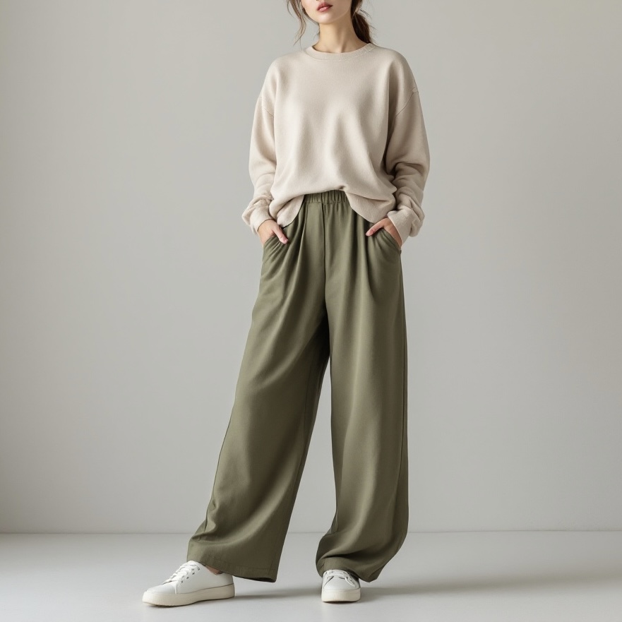 A woman standing wearing olive pants and beige sweater