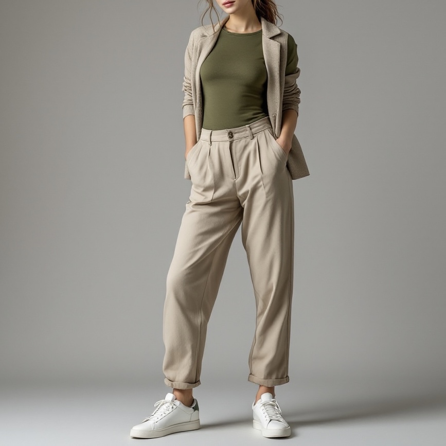 A woman standing wearing beige pants and olive top with beige cardigan
