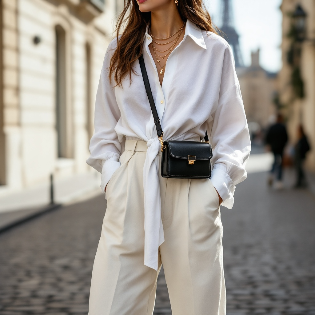 Chic Paris summer outfit with linen trousers and white sneakers.