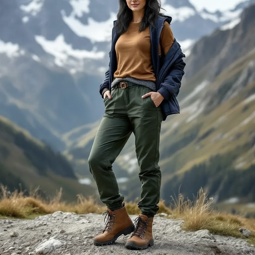 A Hiker in Swiss Alps wearing lightweight hiking pants, hiking shoes, lighweight sweater looking comfy in her wardrobe.