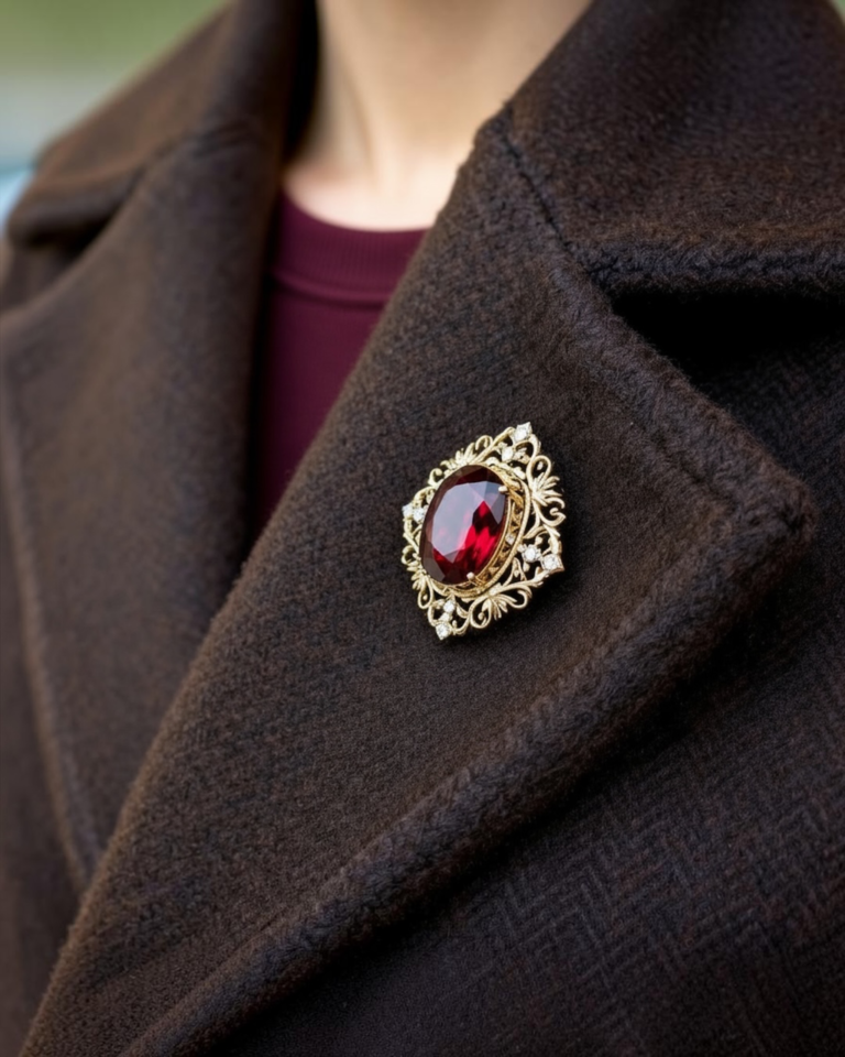 Elegant brooch styled on a classic blazer
