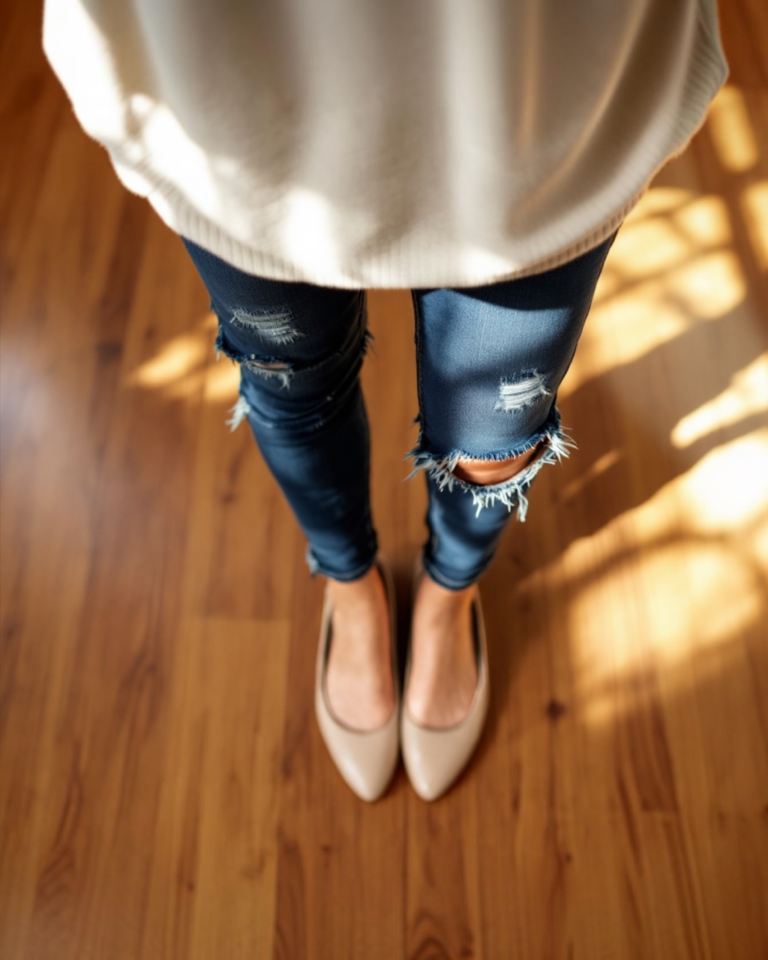Dark denim jeans styled with cream sweater and ballet flats