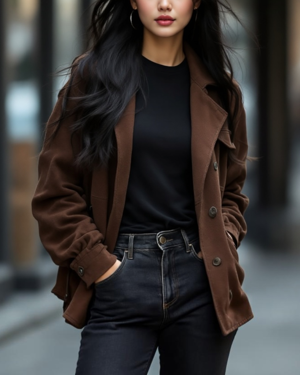Classic feminine fall outfit with camel coat and dark denim