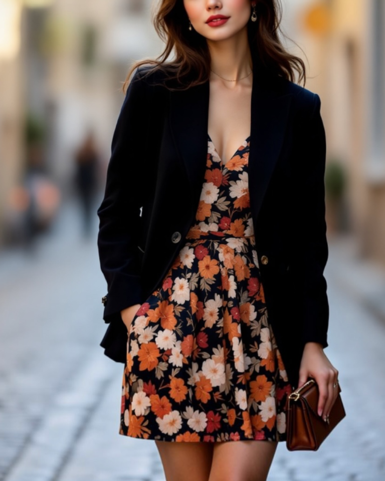 Floral midi skirt with tailored blazer fall outfit