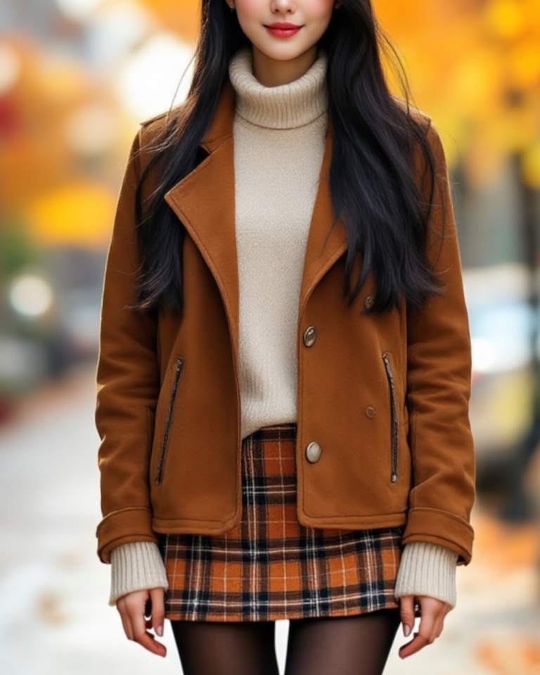 Woman wearing a brown suede jacket with feminine fall outfit