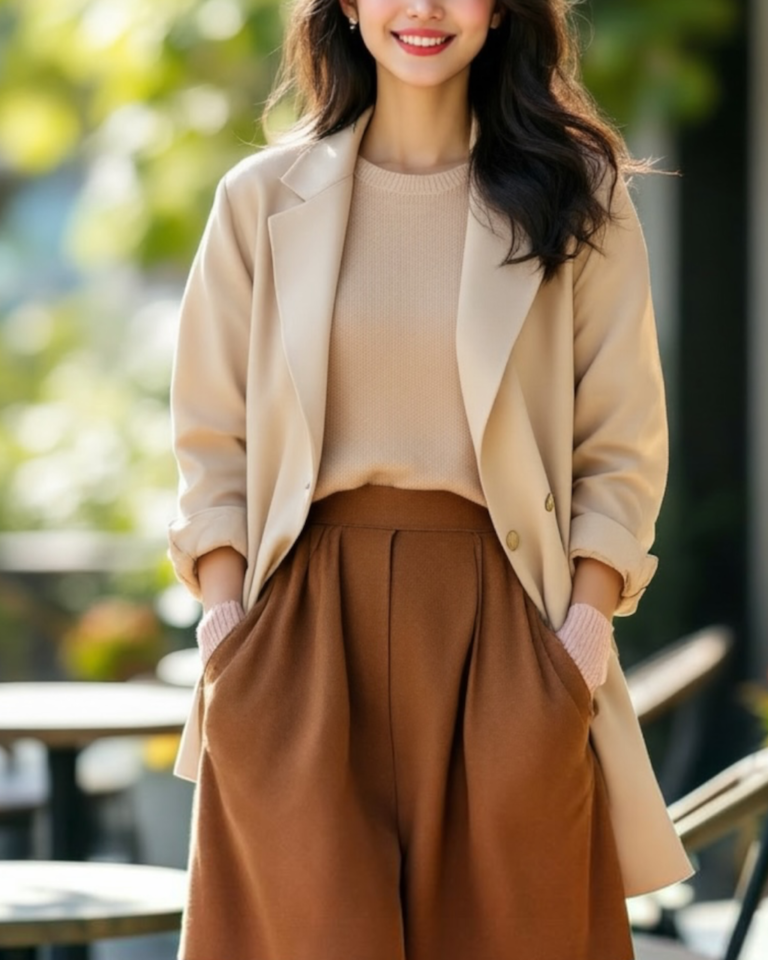 Classic blazer styled with feminine midi skirt